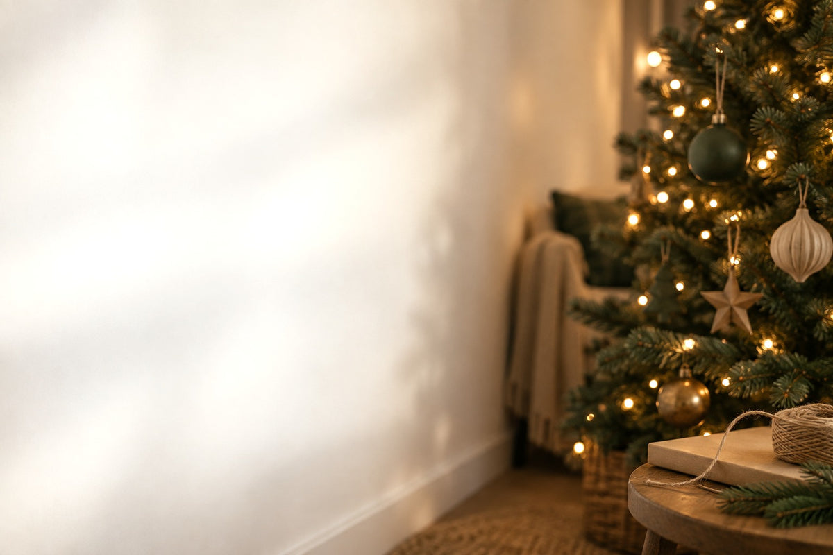 Decorated Christmas tree with warm fairy lights beside a calm cream wall