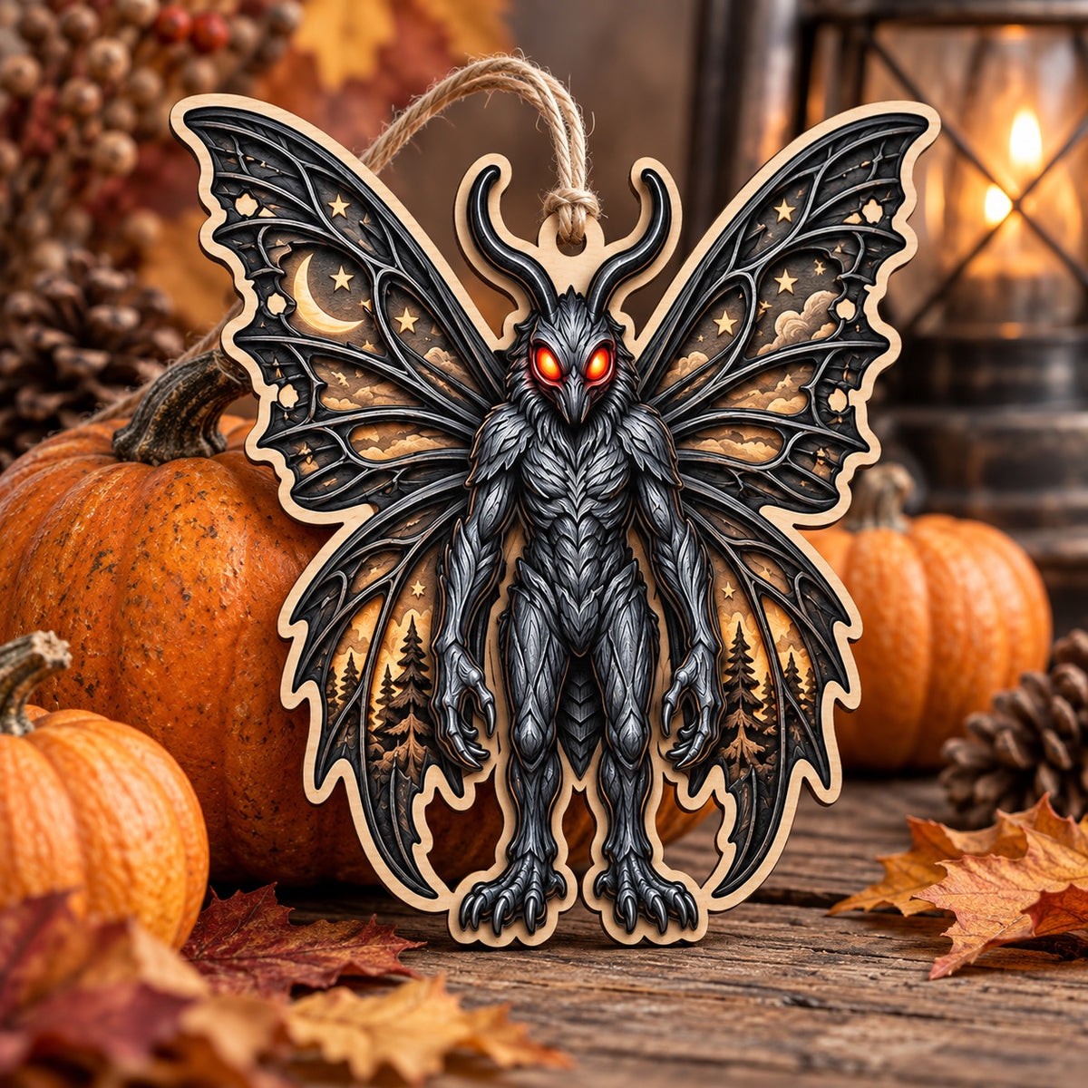 Mothman wood ornament with red eyes and moon-and-star wings displayed among autumn pumpkins and leaves.