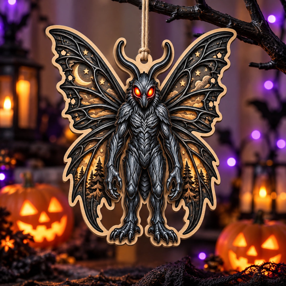 Mothman wood ornament hanging from a dark branch with jack-o-lanterns, lanterns and purple Halloween lights.
